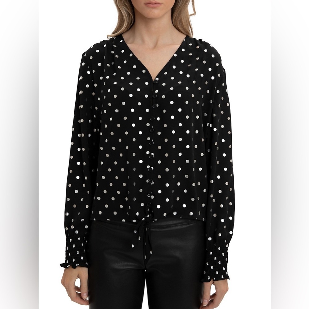 Express black and white Tie-Front Polka-Dot Print long sleeve Blouse size medium